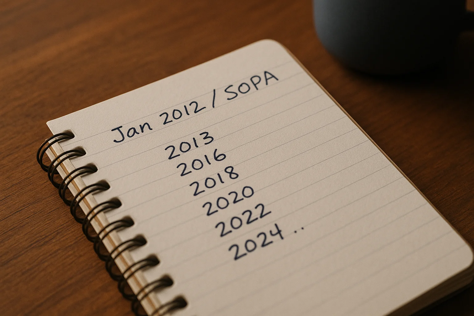 Macro-close photograph of a handwritten field-note page on a spiral-bound notebook. The top line reads "Jan 2012 / SOPA" in faded blue-black ballpoint. Subsequent lines list later years and threats trailing down the page: 2013, 2016, 2018, 2020, 2022, 2024. The notebook rests on a raw wooden desk. A matte ceramic mug sits out of focus at the frame edge. Side-raking daylight from the upper left makes the handwriting physically present on the page.