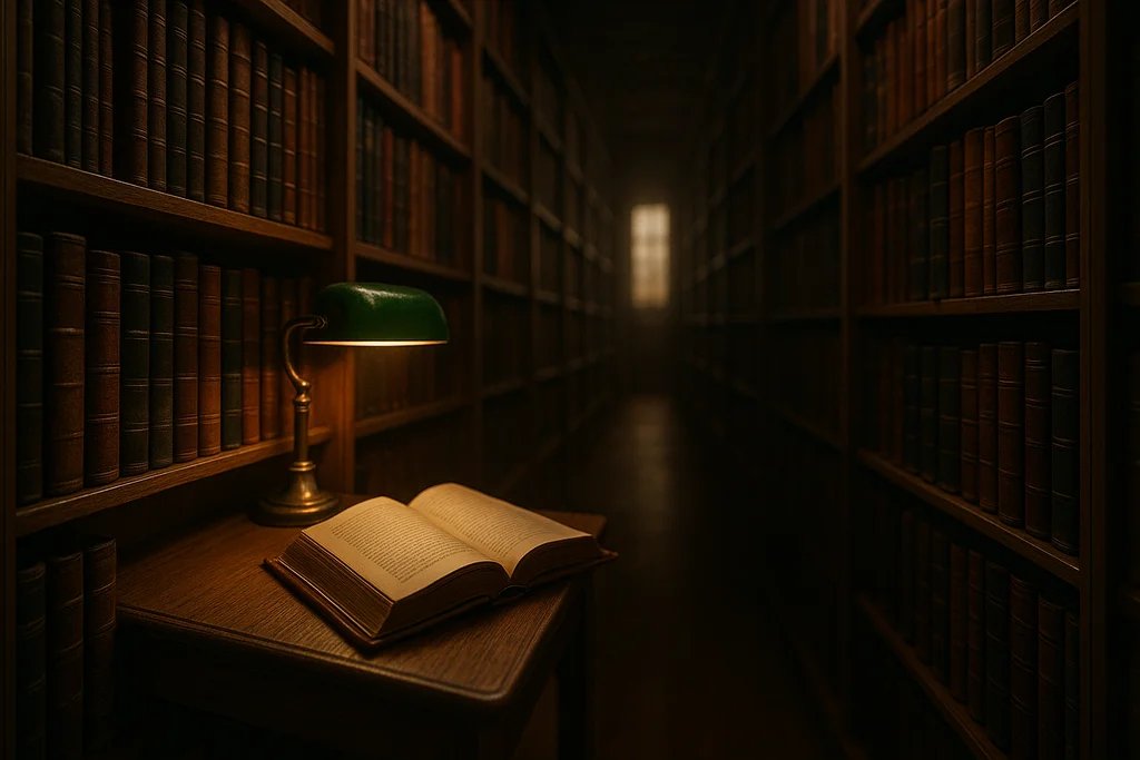 Editorial photograph of a warm university-style library archive aisle in low tungsten light: tall wood shelves of cared-for leather-bound volumes, an open book on a small ledge under a brass desk lamp with a green glass shade, dust motes catching the warm light, a soft window glow at the far end of the aisle — old but still worth keeping.
