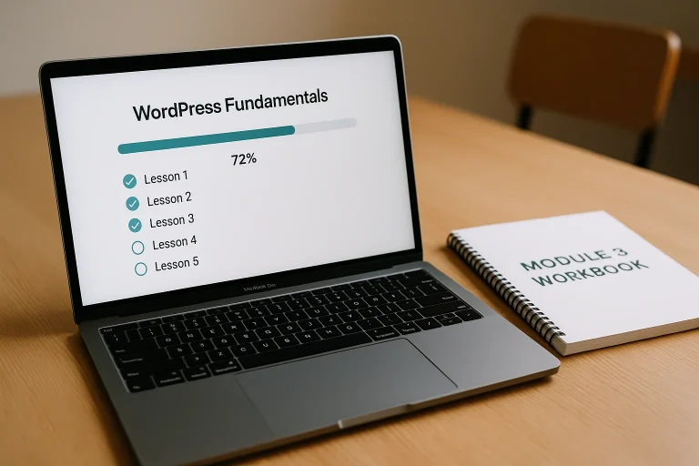 Laptop showing a LearnDash course progress screen at 72 percent, an open course workbook beside it on a classroom desk
