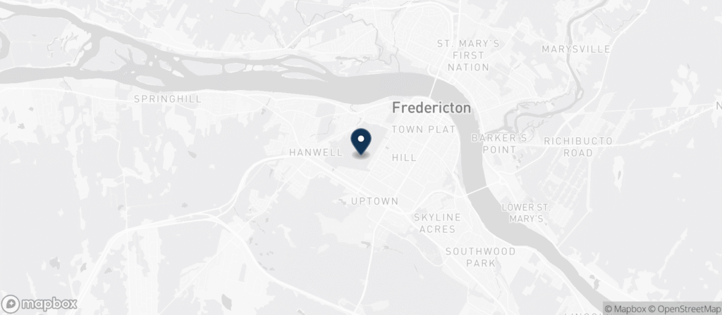 Map showing Fredericton, New Brunswick, about 1030 km from the Fort Erie office.
