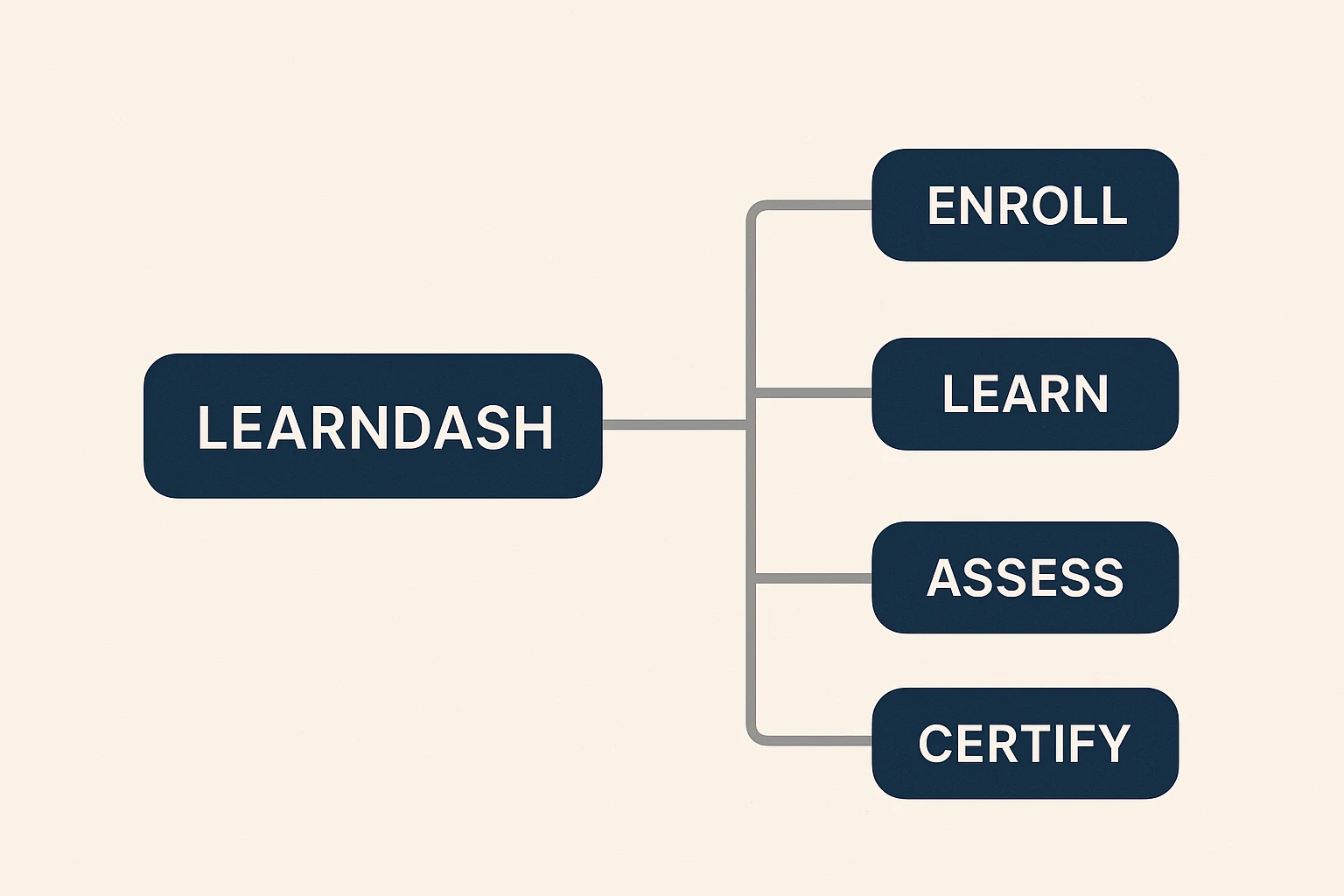 A flat editorial diagram showing a LearnDash node connected to four sequential steps (Enroll, Learn, Assess, Certify) representing the custom LMS flow built for M.L. Campbell's distributor training program.