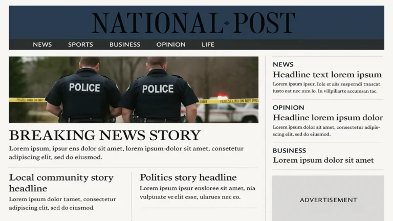 Era-accurate reconstruction of the National Post homepage style, circa 2014 — Postmedia network template I worked on during the WordPress migration.