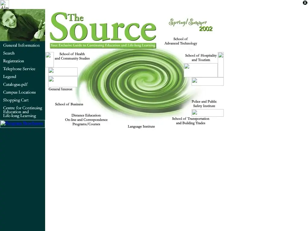 Screenshot of cecat.algonquincollege.com from May 30, 2002 — The Source Spring/Summer 2002 continuing-education catalogue search interface.