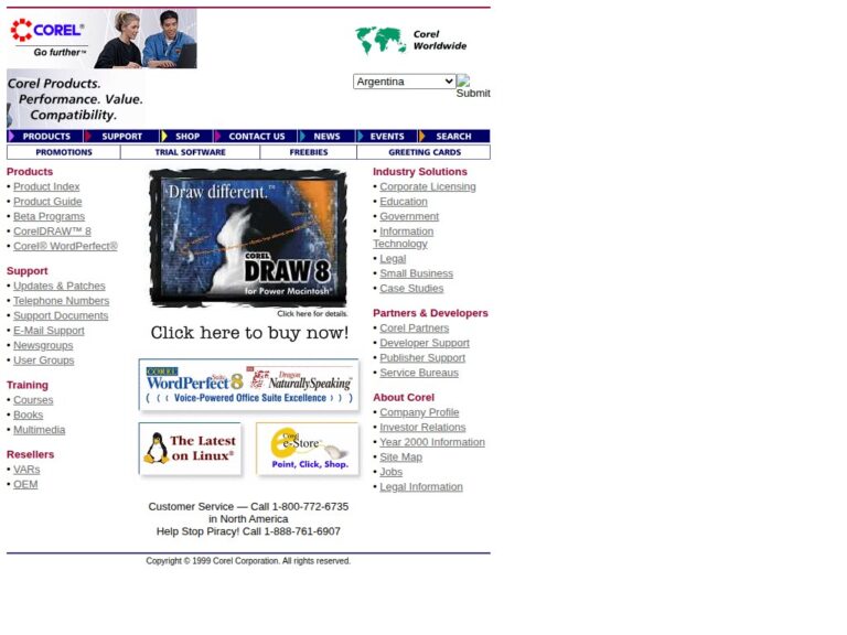 Screenshot of corel.com from January 16, 1999 — the pre-September-2000 Corel Corporation homepage featuring the CorelDRAW 8 for Power Macintosh hero, WordPerfect Suite 8, Linux teaser, and the e-Store entry point.