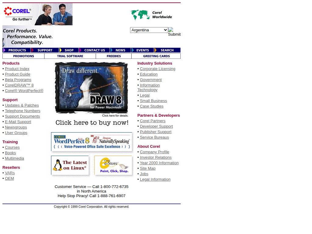 Screenshot of corel.com from January 16, 1999 — the pre-September-2000 Corel Corporation homepage featuring the CorelDRAW 8 for Power Macintosh hero, WordPerfect Suite 8, Linux teaser, and the e-Store entry point.