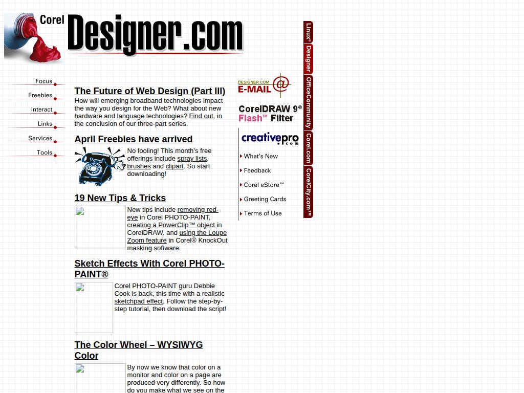 Screenshot of designer.com (Corel Designer.com) from April 7, 2000 — Corel's SOHO design community with feature articles on broadband web design, April Freebies, new tips and tricks for Corel PHOTO-PAINT and CorelDRAW, and a CorelDRAW 9 Flash Filter promotion.