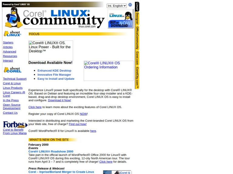 Screenshot of linux.corel.com from March 2, 2000 — the Corel LINUX community site with the Tux mascot, community navigation, download CTA, and February 2000 community news including the Corel LINUX Roadshow.