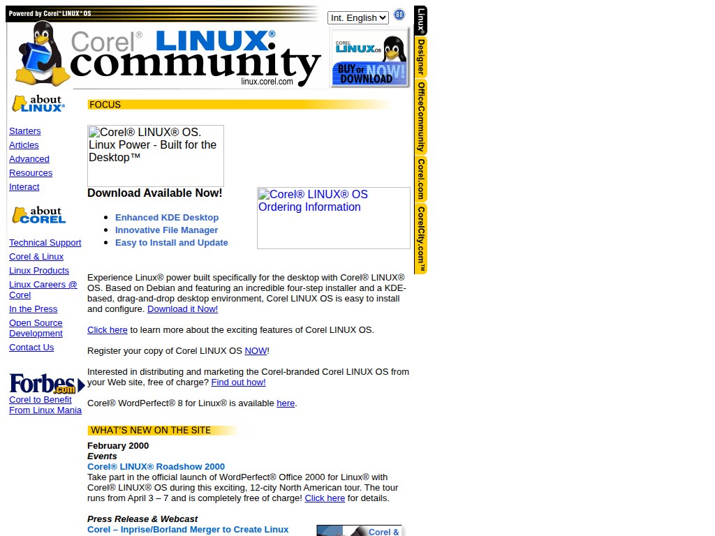 Screenshot of linux.corel.com from March 2, 2000 — the Corel LINUX community site with the Tux mascot, community navigation, download CTA, and February 2000 community news including the Corel LINUX Roadshow.