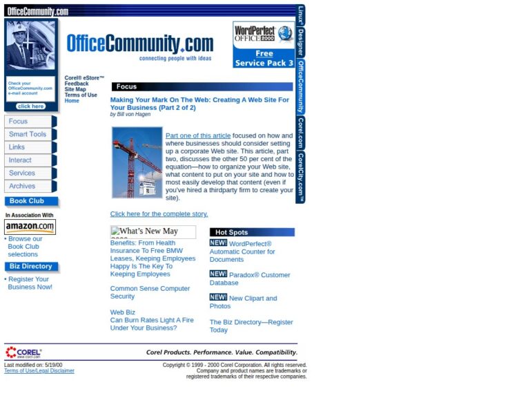 Screenshot of OfficeCommunity.com from June 8, 2000 — Corel's community resource for WordPerfect Office Suite users, with feature articles, smart tools, and a WordPerfect Office 2000 Service Pack 3 sponsor unit.