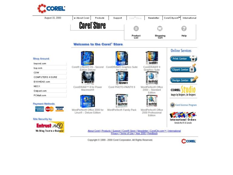 Screenshot of buy.corel.com from August 15, 2000 — the Corel Store homepage with product grid for CorelDRAW 9, WordPerfect Office 2000, Corel LINUX OS, and CorelDRAW 8 for Macintosh.