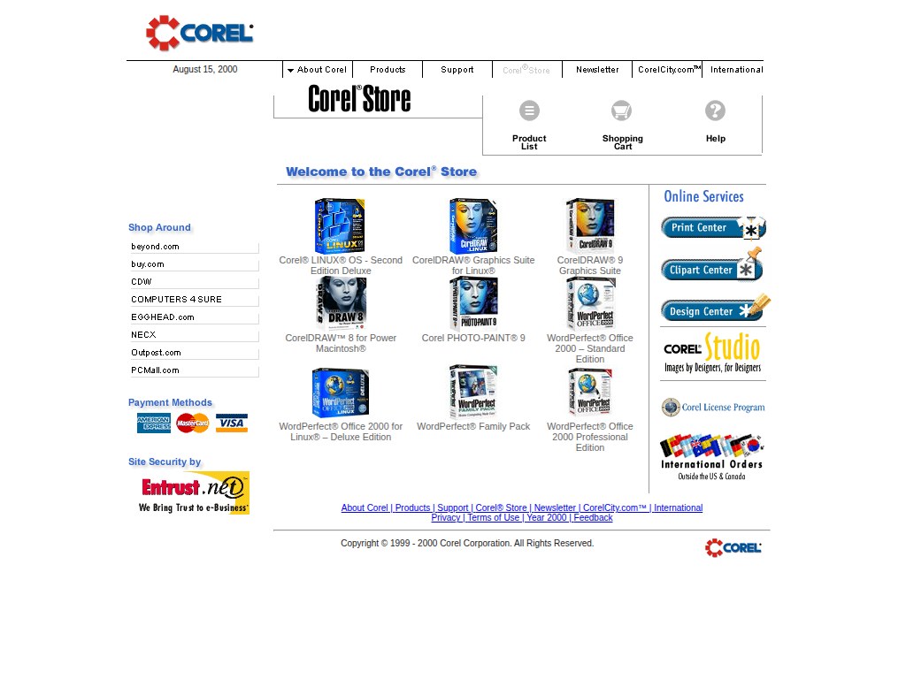 Screenshot of buy.corel.com from August 15, 2000 — the Corel Store homepage with product grid for CorelDRAW 9, WordPerfect Office 2000, Corel LINUX OS, and CorelDRAW 8 for Macintosh.