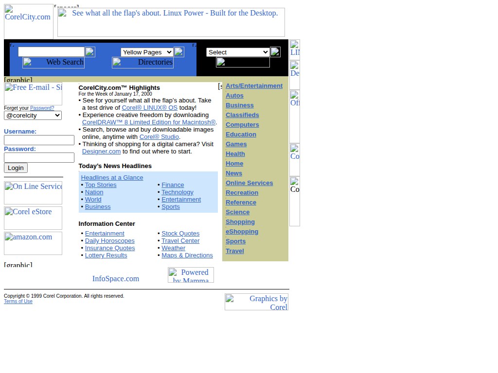 Screenshot of CorelCity.com from January 18, 2000 — Corel Corporation's web portal for clients and partners, featuring news headlines, web search, directories, and a category index.