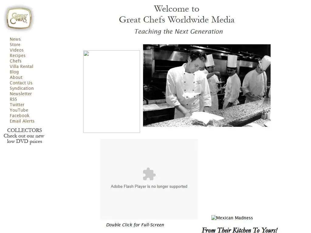 Screenshot of greatchefs.com from April 21, 2010 — Great Chefs Worldwide Media homepage with the chef-photography hero and 'Teaching the Next Generation' tagline.