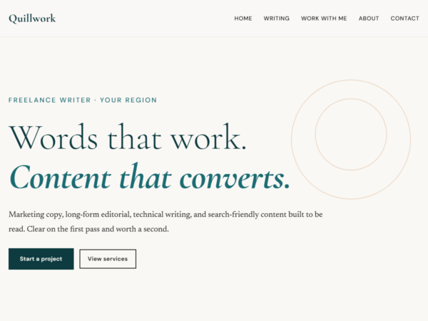 The Quillwork WordPress theme homepage: a light Cormorant Garamond headline reading Words that work, Content that converts, in teal on cream