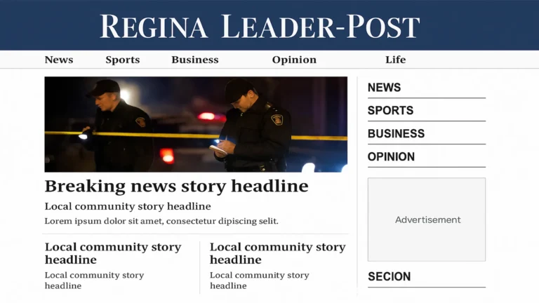 Era-accurate reconstruction of the Regina Leader-Post homepage style, circa 2014 — Postmedia network template I worked on during the WordPress migration.