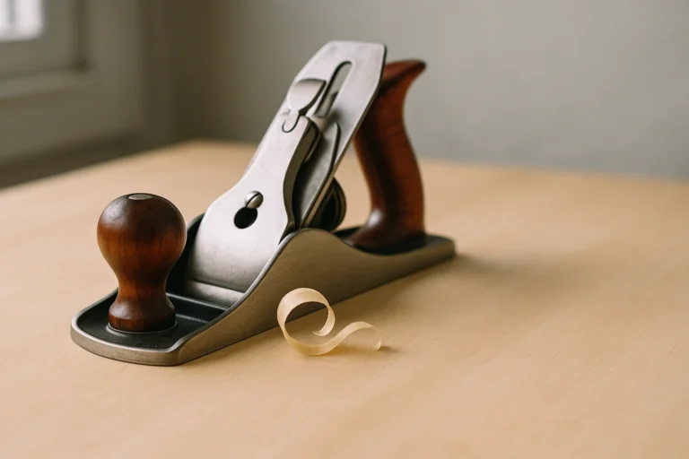Vintage metal hand plane resting on pale maple workbench, thin wood shaving curling from the mouth, directional morning window light