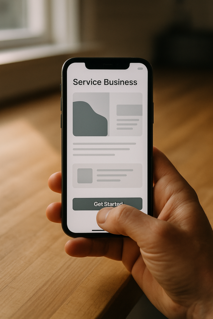 A hand holds an iPhone displaying a service-business website with a primary call-to-action button, lit by morning daylight on a wooden counter.