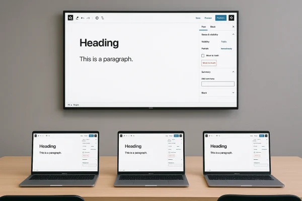 A large wall-mounted display showing the WordPress block editor, a row of open laptops on a training room table in the foreground