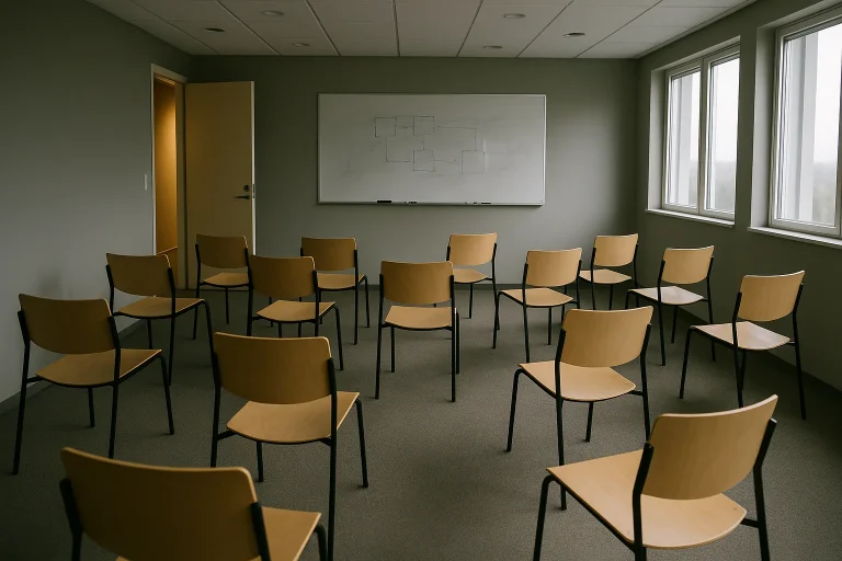 Empty training room from the back, chairs slightly displaced after a session, whiteboard with residual diagram, open door spilling corridor light, large windows providing soft daylight