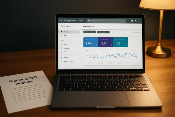 Laptop screen showing Google Search Console performance graph with three metric tiles, beside a printed crawl report on a desk