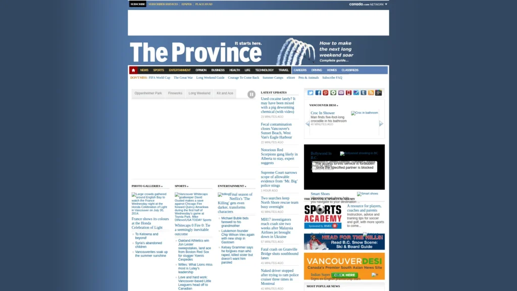 The Province homepage as captured by the Wayback Machine, August 2014 — Postmedia network template I worked on during the WordPress migration.