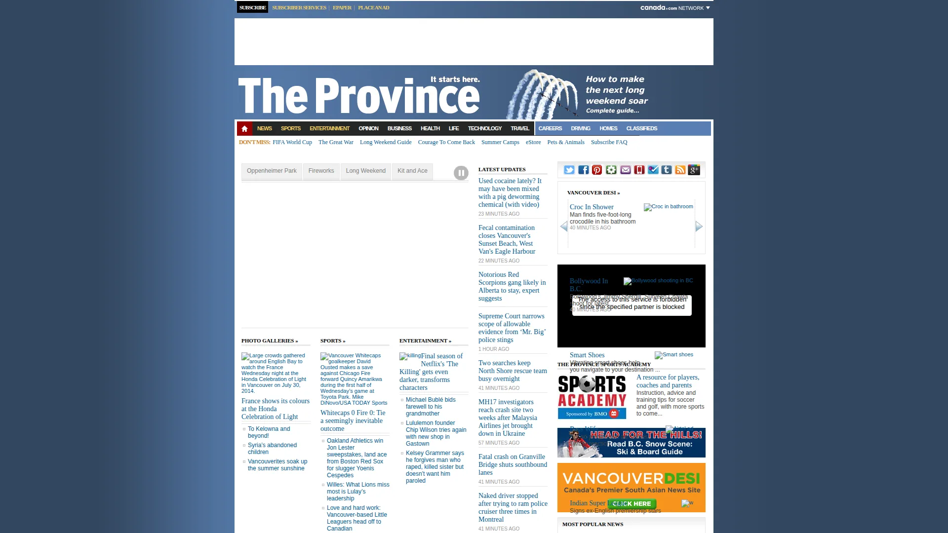 The Province homepage as captured by the Wayback Machine, August 2014. Postmedia network template I worked on during the WordPress migration.