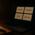 Editorial photograph of a modern laptop on a warm wooden desk in cinematic tungsten light, its screen showing a clean 2x2 grid of content cards labelled Tutorials, Opinions, Blog, Articles — evoking the moment a publishing site separated opinion content into its own schema-typed lane.