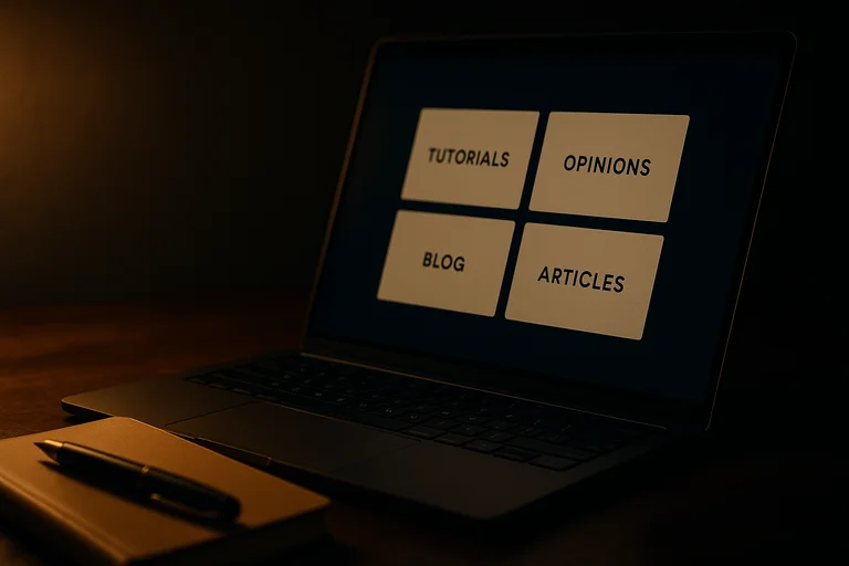 Editorial photograph of a modern laptop on a warm wooden desk in cinematic tungsten light, its screen showing a clean 2x2 grid of content cards labelled Tutorials, Opinions, Blog, Articles — evoking the moment a publishing site separated opinion content into its own schema-typed lane.