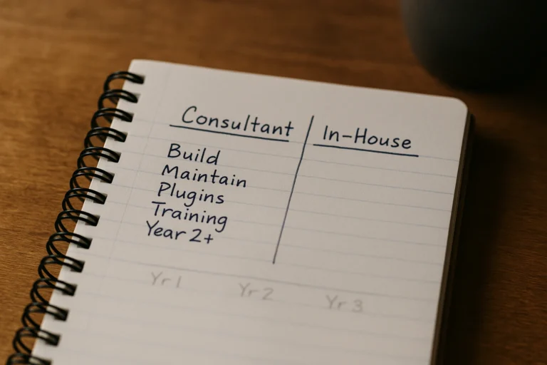 Macro-close editorial photograph of an open spiral-bound notebook resting on a warm raw wooden desk. The left page shows a handwritten two-column comparison headed Consultant on the left and In-House on the right, with five short row labels written down the left margin — Build, Maintain, Plugins, Training, Year 2+ — and three year markers sketched lightly across the bottom of the page — Yr 1, Yr 2, Yr 3. The handwriting is authentic ballpoint, legible and slightly uneven, the kind kept by a practitioner doing real work. Side-raking daylight from the upper left makes the ink indentation physically present on the warm-white paper. A matte ceramic mug sits fully out of focus at the upper-right frame edge.
