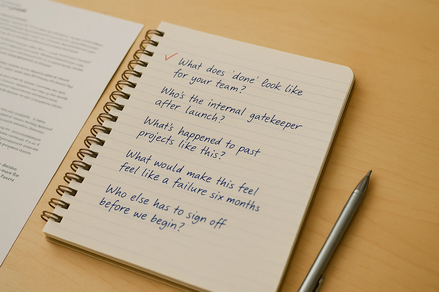 Open spiral-bound notebook showing handwritten discovery-call questions in blue-black ballpoint, a printed proposal draft partially visible at left, and a mechanical pencil resting across the page. Directional window light, pale maple desk.