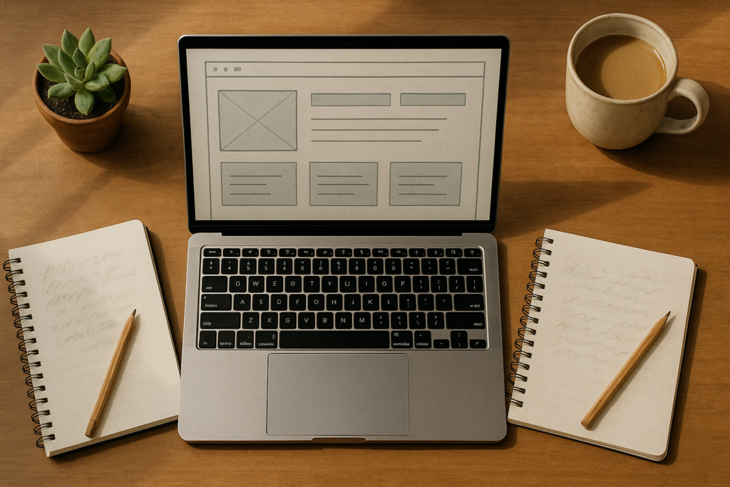 Overhead view of a workspace mid-website-project: a silver laptop showing a wireframe, two open notebooks with handwritten notes, a pencil, a coffee cup, and a small succulent on a wooden desk.