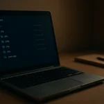 Editorial photograph of an older laptop on a warm wooden desk in low-key tungsten light, its screen dimly showing a plugin folder file tree — evoking abandoned WordPress.org plugins that are still running on real installs years after the author stopped looking.