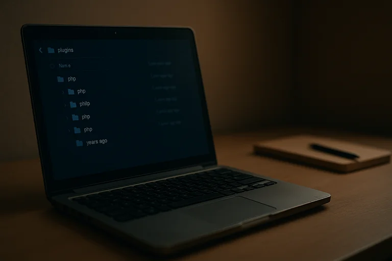 Editorial photograph of an older laptop on a warm wooden desk in low-key tungsten light, its screen dimly showing a plugin folder file tree — evoking abandoned WordPress.org plugins that are still running on real installs years after the author stopped looking.