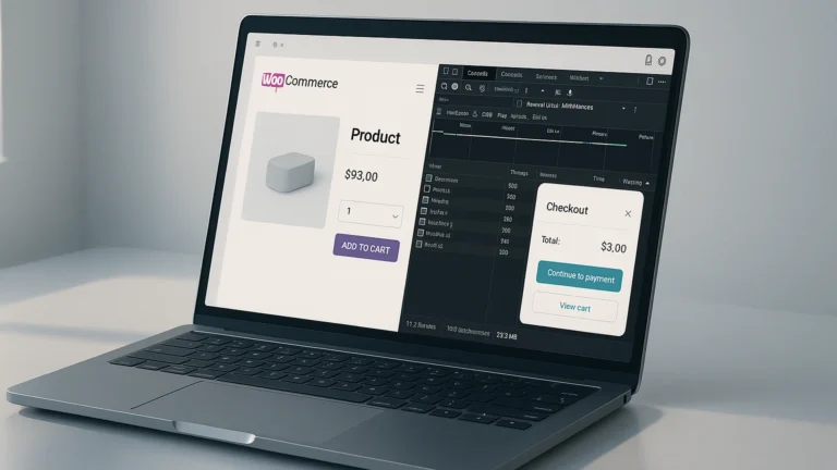 Laptop at three-quarter angle showing WooCommerce product detail page with checkout drawer open and DevTools network waterfall showing minimal script weight