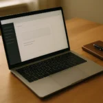 Overhead view of a wooden desk with an open silver laptop showing a clean, freshly-installed website dashboard interface — a sidebar with simple menu items and an empty main content area. A small notebook and a fountain pen rest beside the laptop in soft natural daylight.