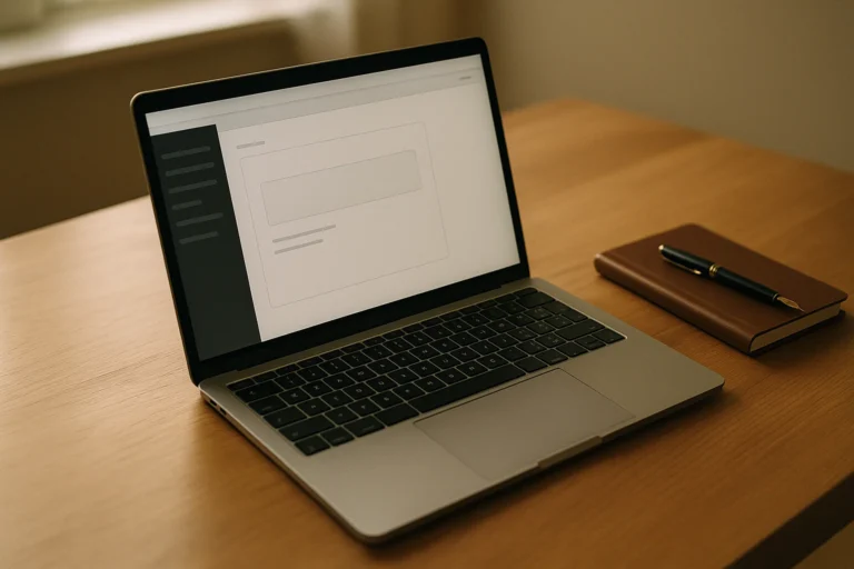 Overhead view of a wooden desk with an open silver laptop showing a clean, freshly-installed website dashboard interface — a sidebar with simple menu items and an empty main content area. A small notebook and a fountain pen rest beside the laptop in soft natural daylight.