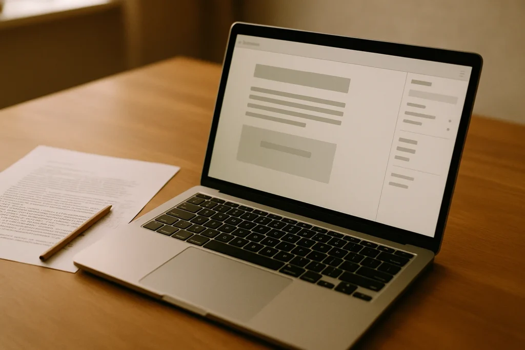 Three-quarter angle view of an open silver laptop on a wooden desk, the screen showing a website content-editor interface mid-edit — a heading block at the top, paragraph blocks below, and a right-side panel of settings. A printed article draft with pencil annotations sits beside the laptop in soft window light.