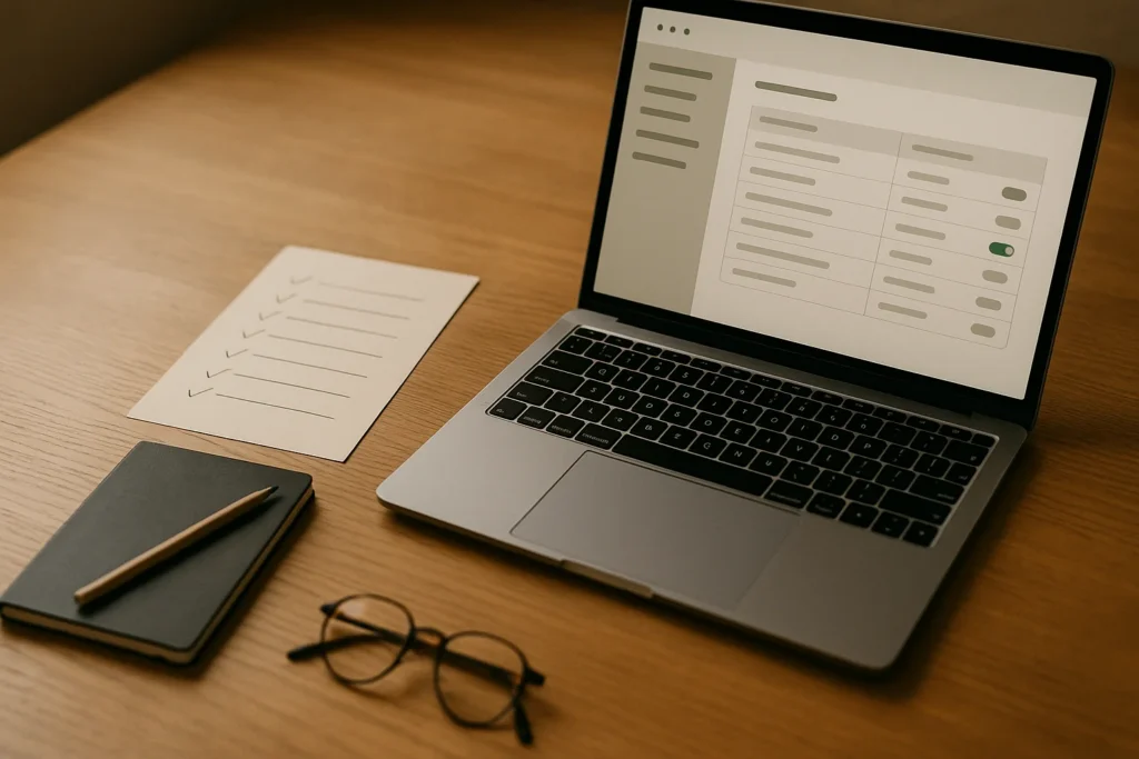 Overhead view of a wooden desk: an open silver laptop showing an abstract diagnostic settings panel, a printed checklist with several items checked off in pencil, a small black notebook, and a pair of glasses resting at the corner of the frame. Soft natural daylight from the upper-left.
