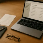 Overhead view of a wooden desk: an open silver laptop showing an abstract diagnostic settings panel, a printed checklist with several items checked off in pencil, a small black notebook, and a pair of glasses resting at the corner of the frame. Soft natural daylight from the upper-left.