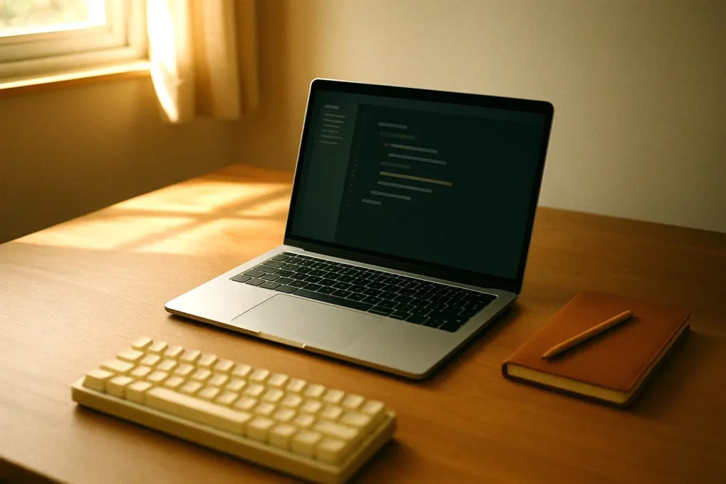 Editorial workspace photograph in warm natural daylight: an open silver laptop centred on a warm wooden desk, showing an abstract code-editor interface. A compact mechanical keyboard sits in front, a closed leather notebook to the right. No people, no hands.