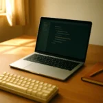 Editorial workspace photograph in warm natural daylight: an open silver laptop centred on a warm wooden desk, showing an abstract code-editor interface. A compact mechanical keyboard sits in front, a closed leather notebook to the right. No people, no hands.