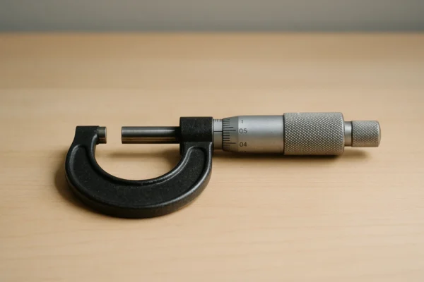 A vintage machinist's outside micrometer resting on a pale maple workbench, thimble set to a precise mid-travel reading, single directional daylight from upper-left catching on the chrome barrel.