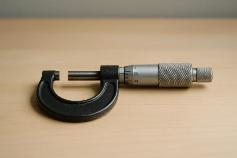 A vintage machinist's outside micrometer resting on a pale maple workbench, thimble set to a precise mid-travel reading, single directional daylight from upper-left catching on the chrome barrel.