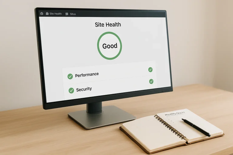 Monitor showing a WordPress site health dashboard with green status indicators, a spiral-bound maintenance log notebook open beside it