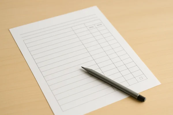 A printed vendor-evaluation form on a pale maple desk, its scoring grid visible but the text indistinct, a mechanical pencil resting diagonally across the lower edge, lit by soft daylight from the upper left. No text, no people.