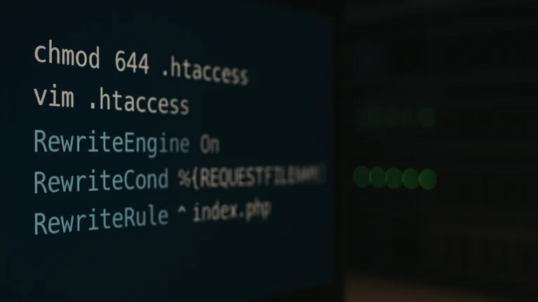 Terminal window showing chmod and htaccess commands in sharp focus with blurred server rack status LEDs in background right third