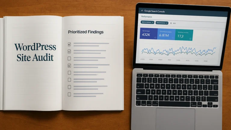 Overhead flat-lay of a printed WordPress Site Audit report showing Prioritized Findings checklist beside a laptop displaying Google Search Console metrics