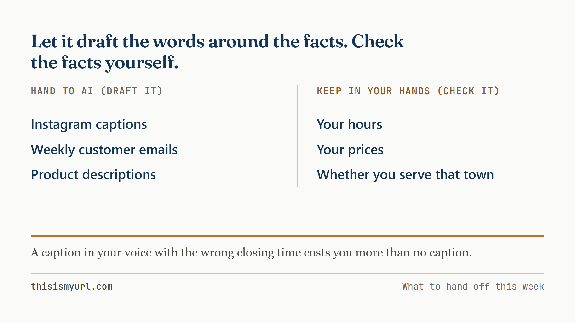 Two columns: tasks to hand to AI, beside the facts to check yourself, including hours, prices and service area.