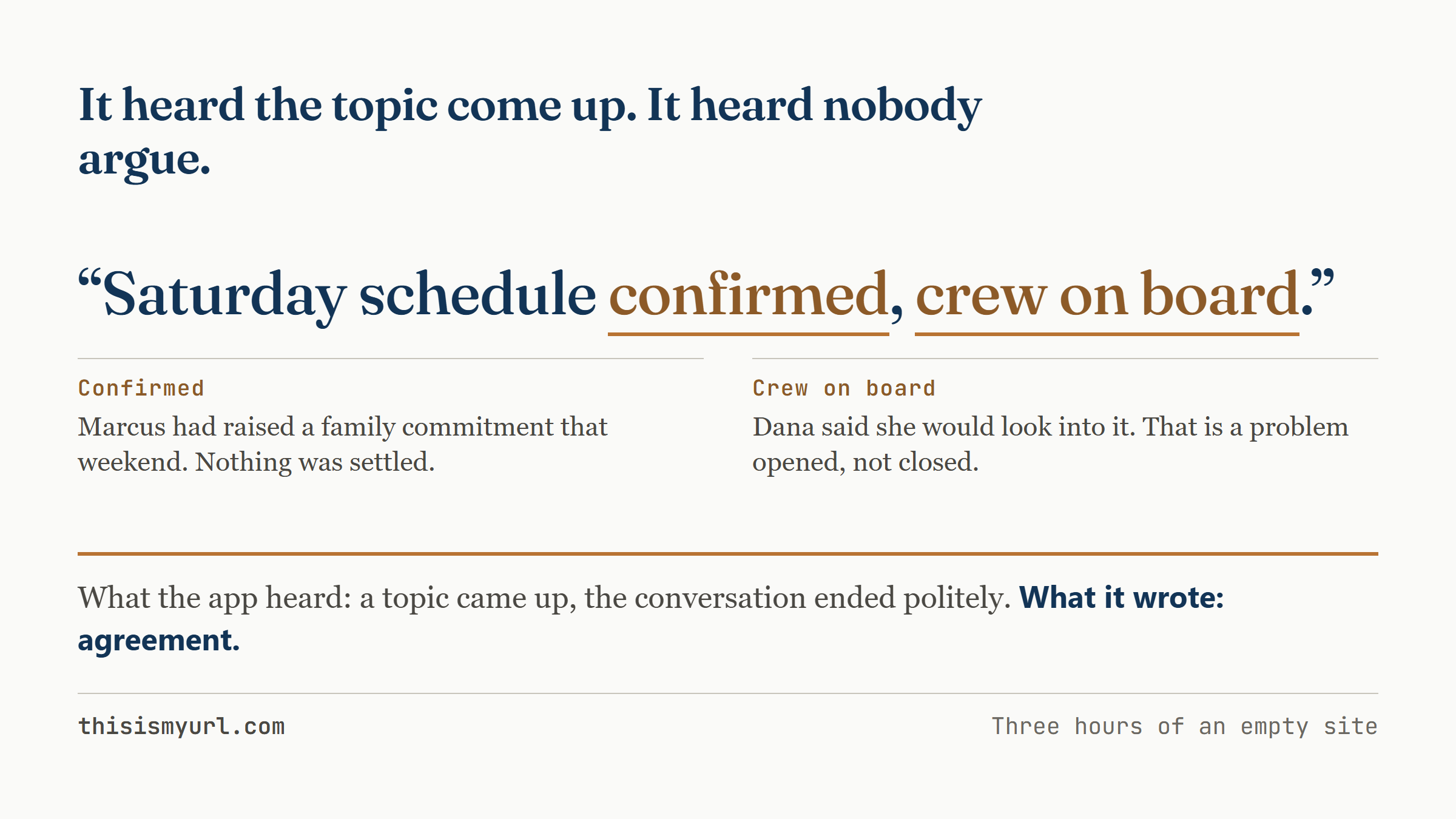 The line Saturday schedule confirmed, crew on board, with two callouts showing nothing was actually settled.