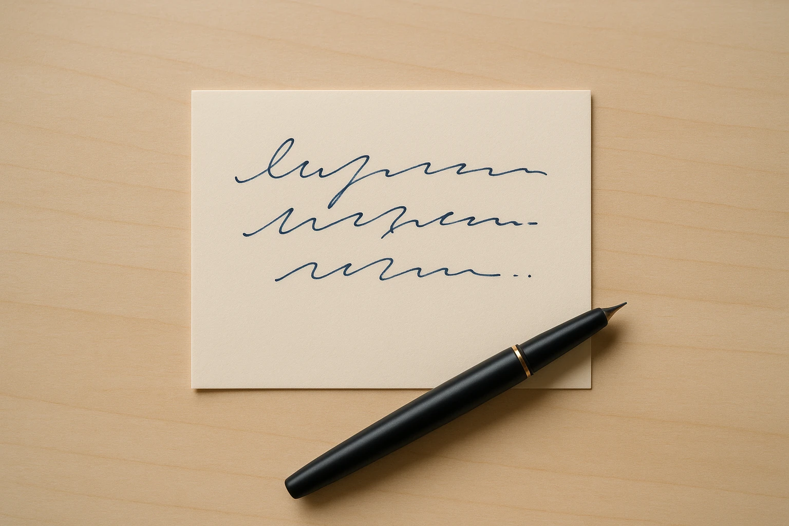A handwritten note card trailing off mid-sentence, a fountain pen resting across it